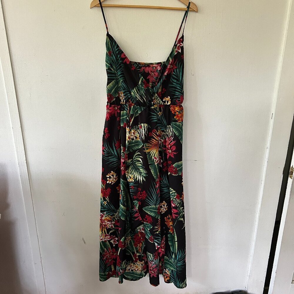 Shein Black Floral Faux Wrap Dress Womens 2XL Spaghetti Straps Resort Wear‎
